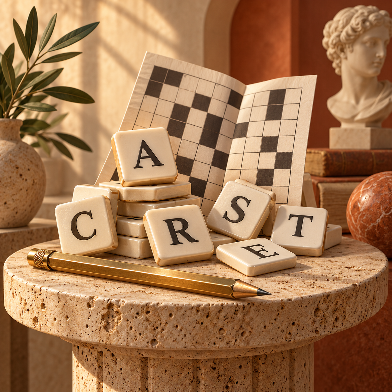 Crossword tiles in a warm studio setting